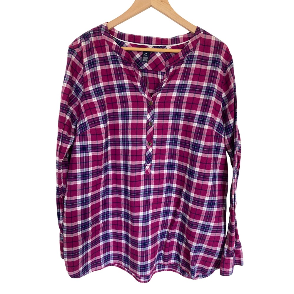 Lands End Womens 18 Flannel Shirt Magenta Pink Navy Blue Plaid Henley 474461